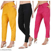 Cotton blend solids: 3-piece trousers set - yellow, pink, black, versatile daily wear
